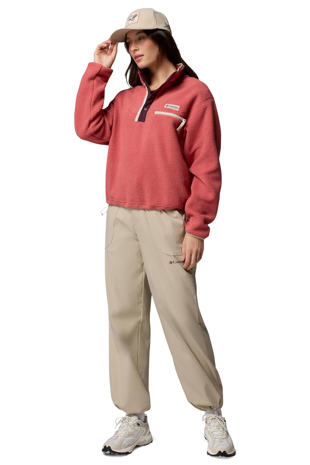 Rode dames Columbia fleece trui Helvetia II met lange mouwen, opstaande kraag en drukknoopsluiting