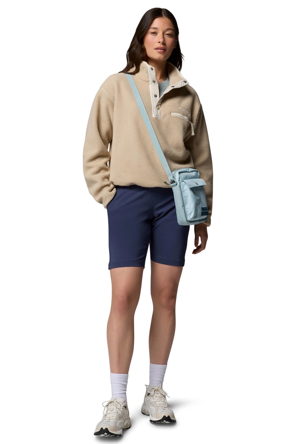Beige dames Columbia fleece trui Helvetia II met lange mouwen, opstaande kraag en drukknoopsluiting