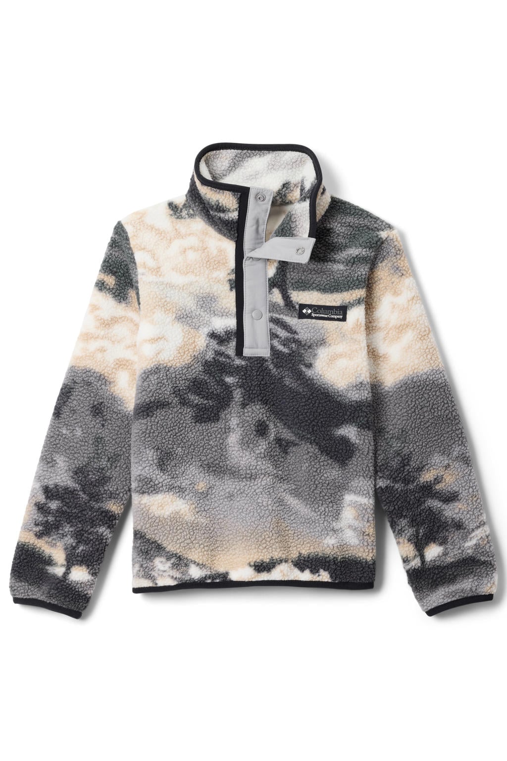 Grijs, zwart en ecru jongens en meisjes Columbia fleece sweater Helvetia II print met lange mouwen, opstaande kraag en drukknoopsluiting