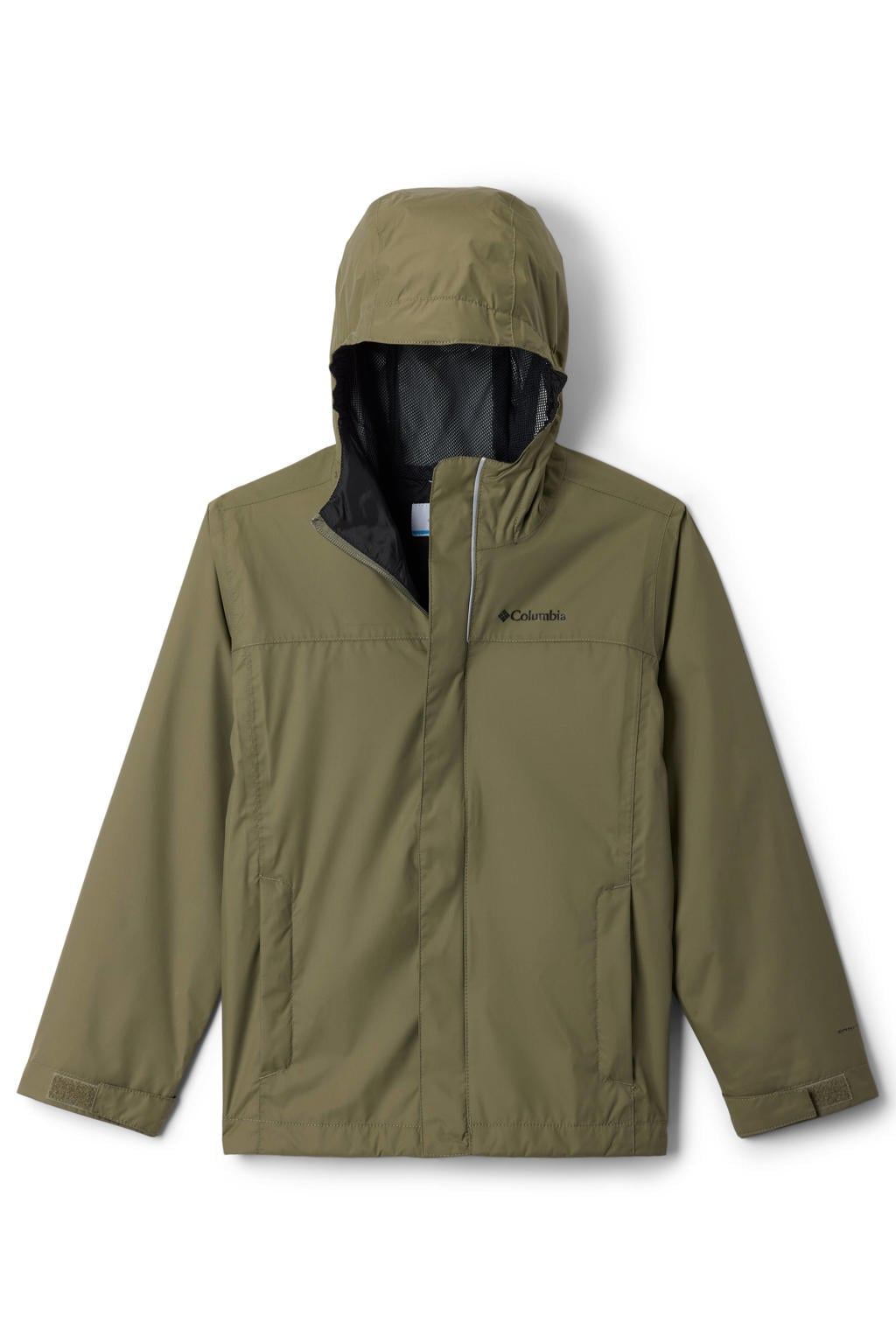 Groene jongens en meisjes Columbia jas van nylon met effen, lange mouwen, capuchon en ritssluiting