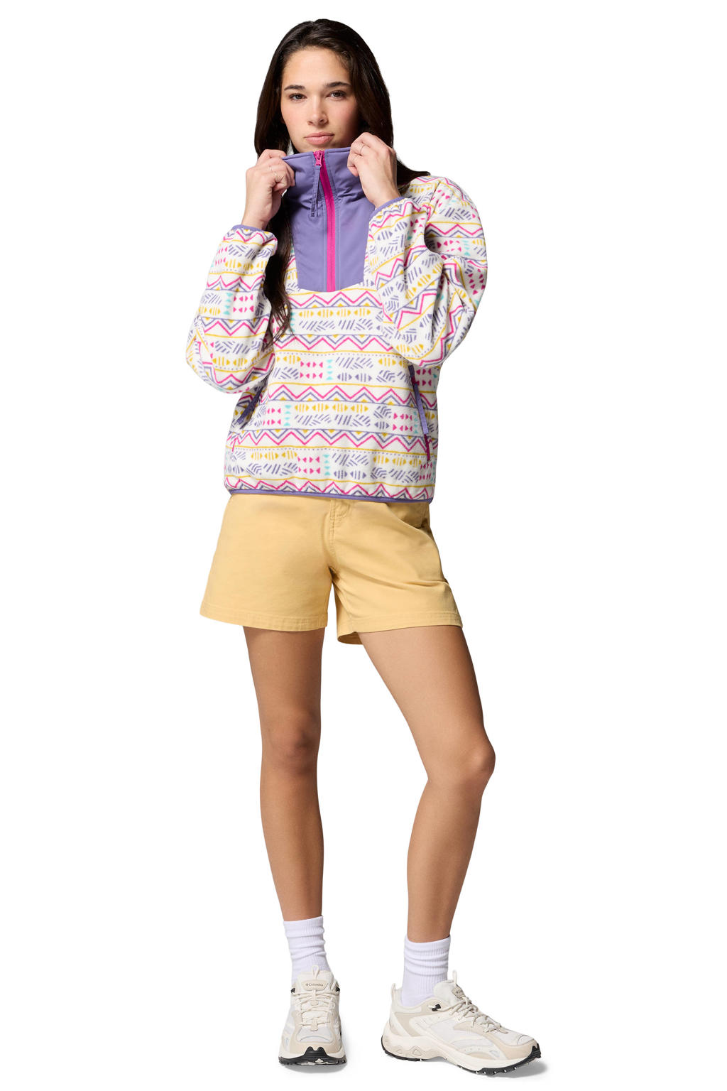 Wit, paars en roze dames Columbia fleece trui van polyester met lange mouwen, opstaande kraag en halve rits