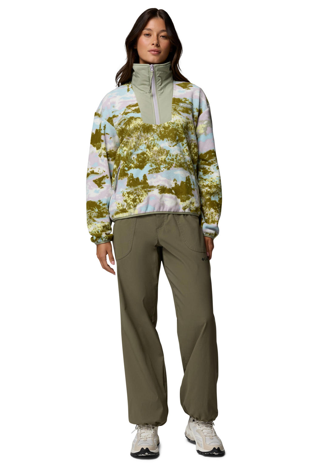 Groen, blauw en lilakleurige dames Columbia fleece trui van polyester met lange mouwen, opstaande kraag en halve rits