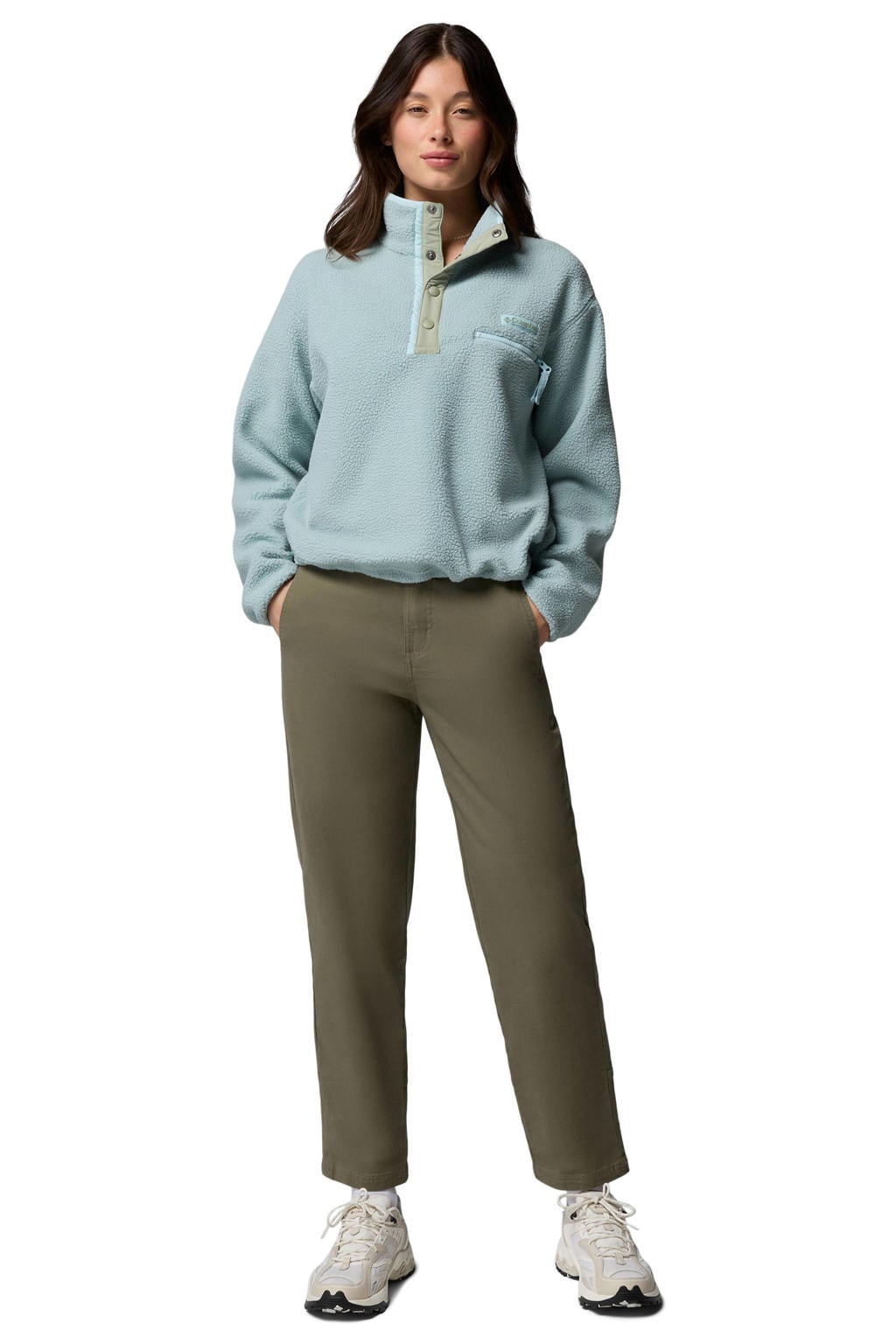 Blauwe dames Columbia fleece trui Helvetia II licht met lange mouwen, opstaande kraag en drukknoopsluiting