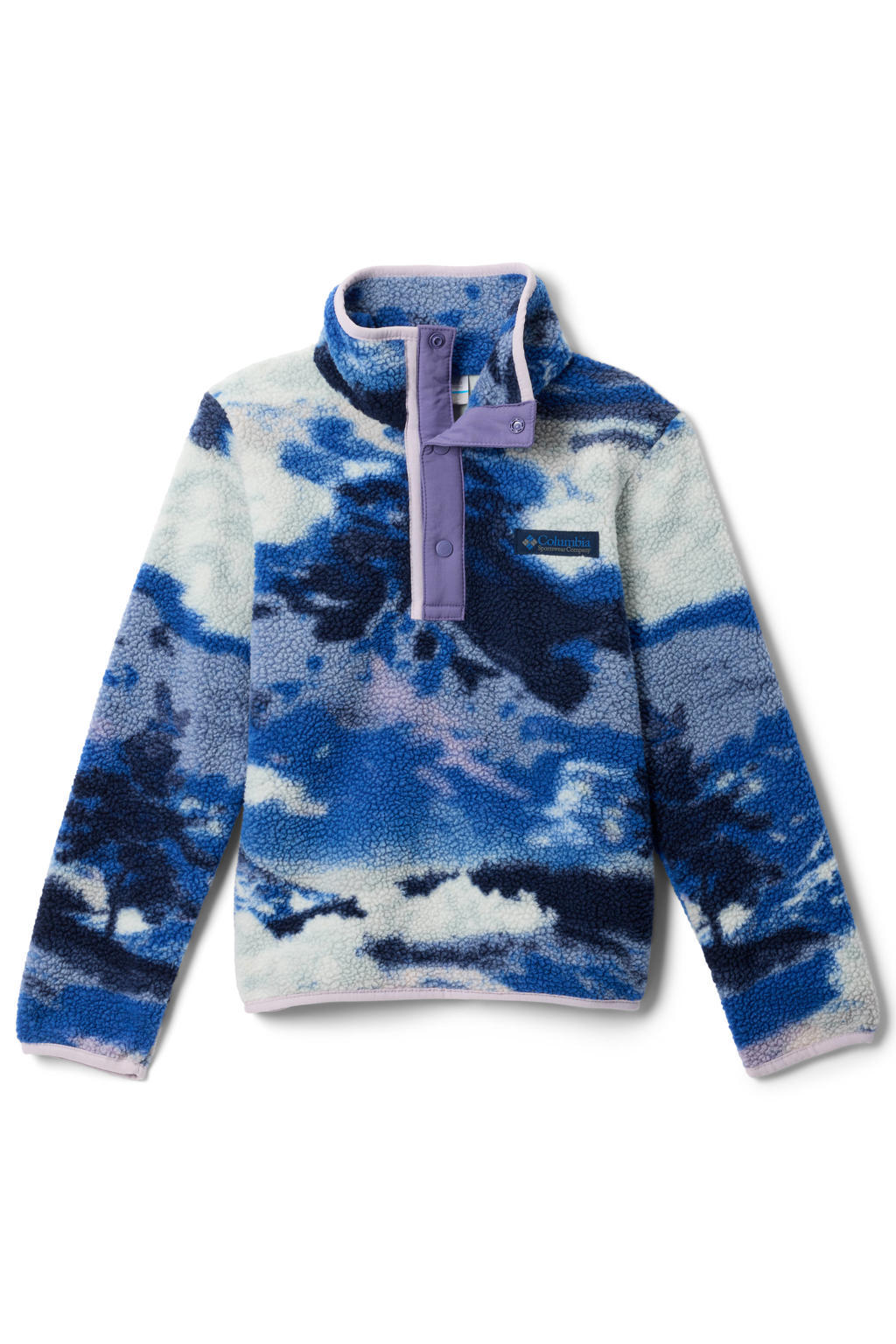 Blauw en witte jongens en meisjes Columbia fleece sweater Helvetia II print met lange mouwen, opstaande kraag en drukknoopsluiting