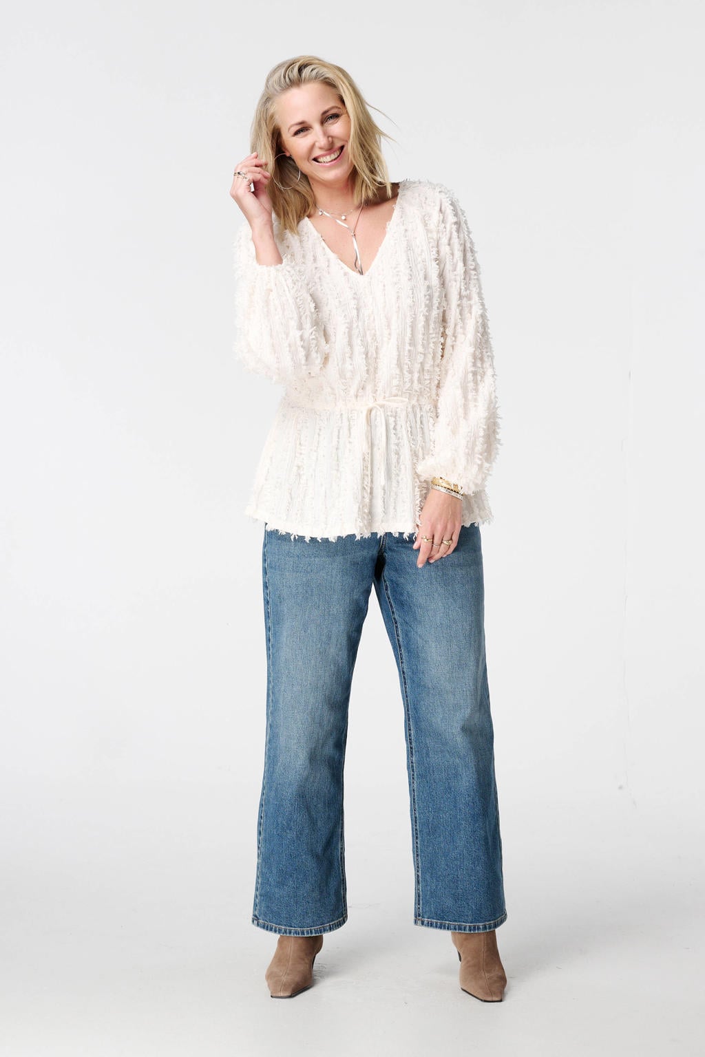 Ecru dames MS Mode blousetop van polyester met effen, lange mouwen, klassieke kraag en textuur