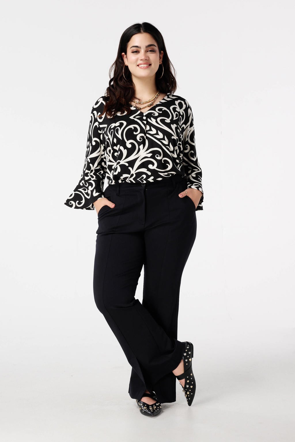 Zwarte dames MS Mode top print van viscose met paisley print, driekwart mouwen en V-hals