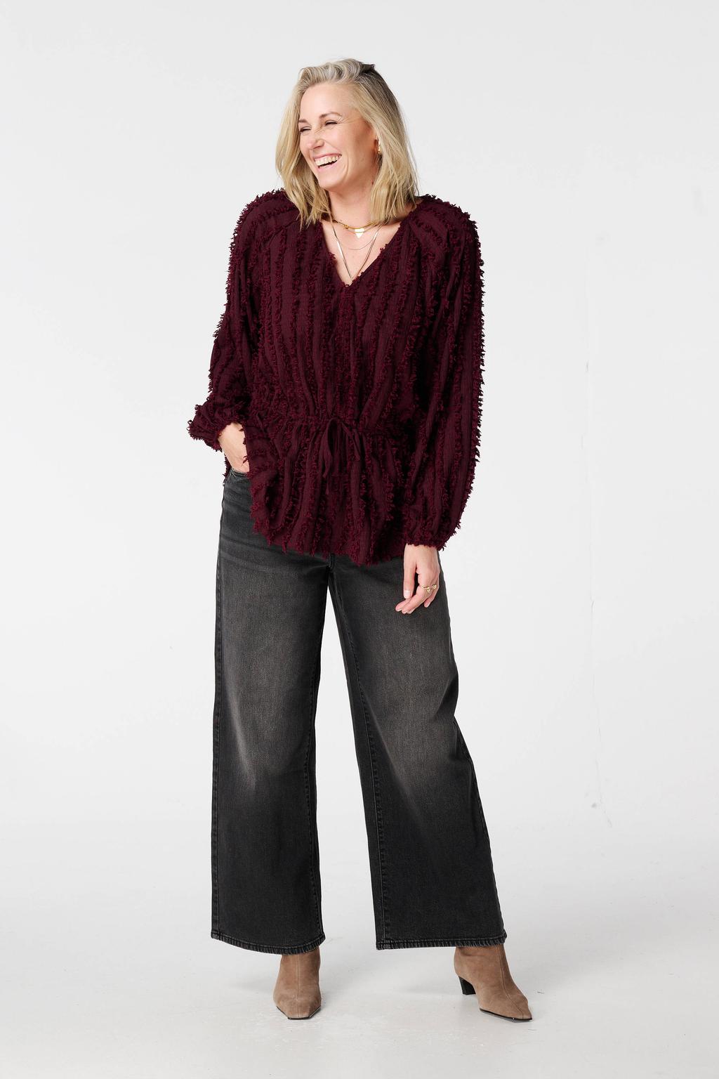 Donkerrode dames MS Mode blousetop van polyester met effen, lange mouwen, klassieke kraag en textuur