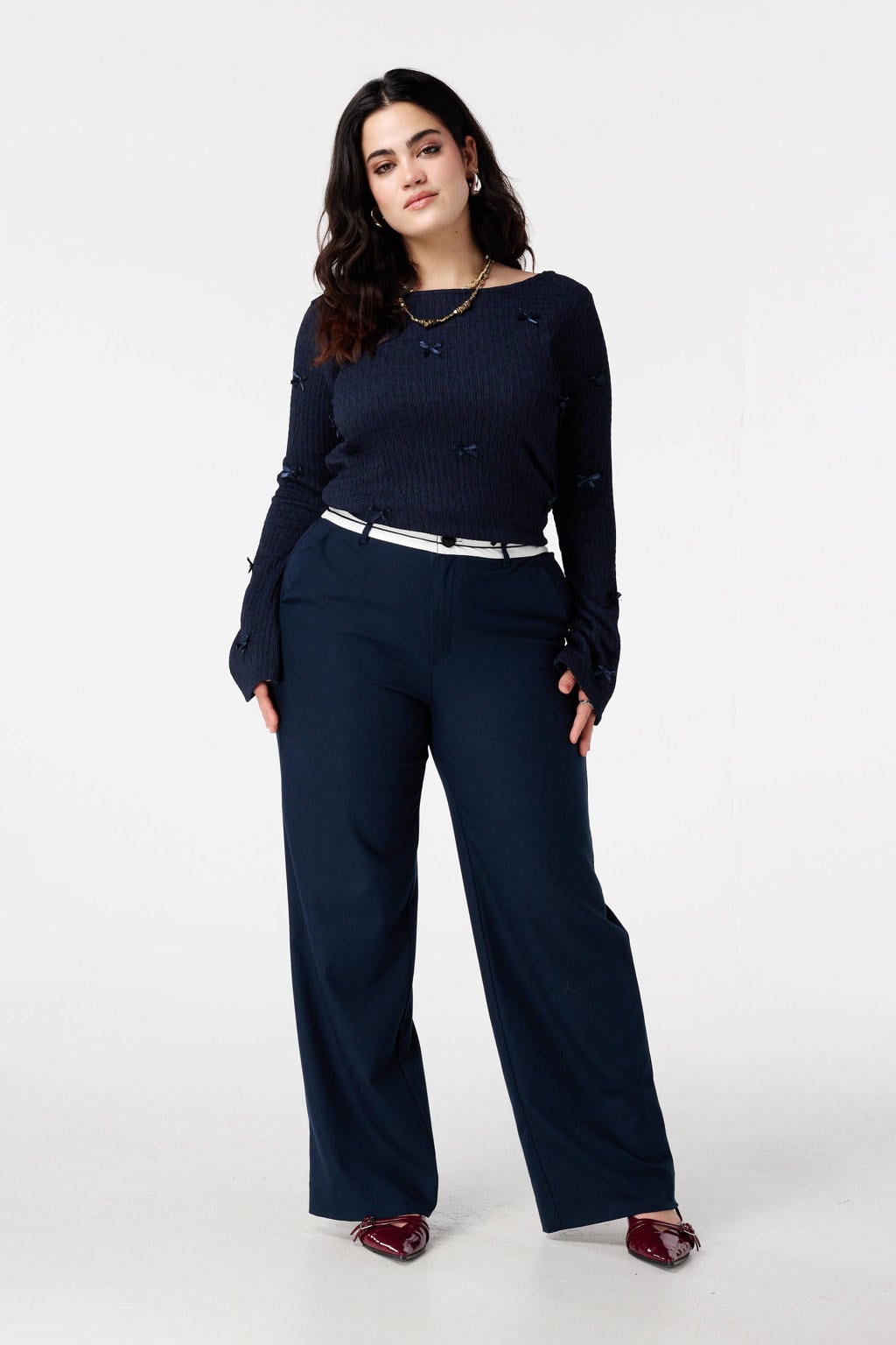 Donkerblauwe dames MS Mode top flared mouwen van polyester met effen, lange mouwen, klassieke kraag en strikje