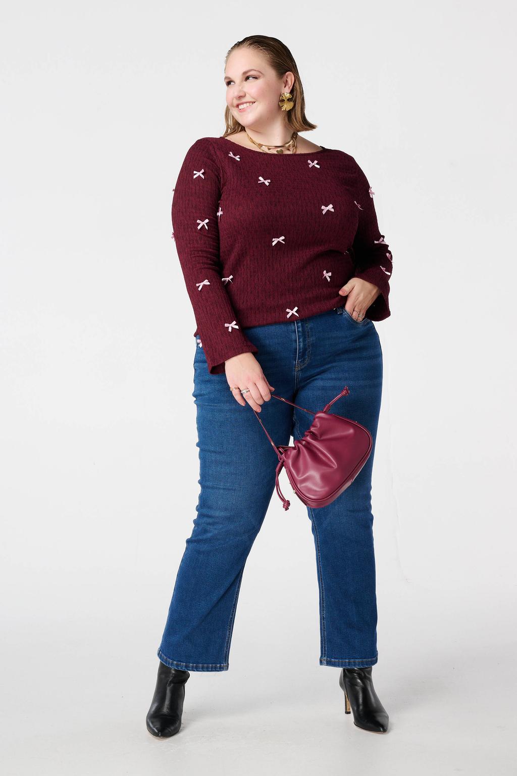 Donkerrode dames MS Mode top flared mouwen van polyester met effen, lange mouwen, klassieke kraag en strikje