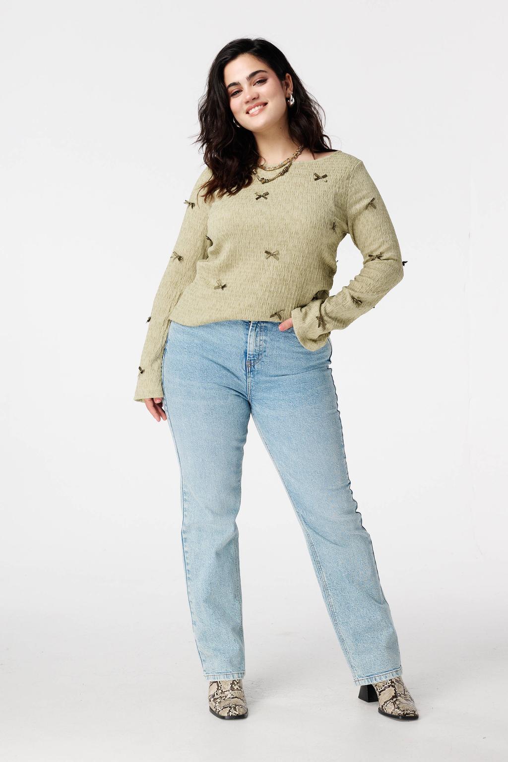 Groene dames MS Mode top flared mouwen van polyester met effen, lange mouwen, klassieke kraag en strikje