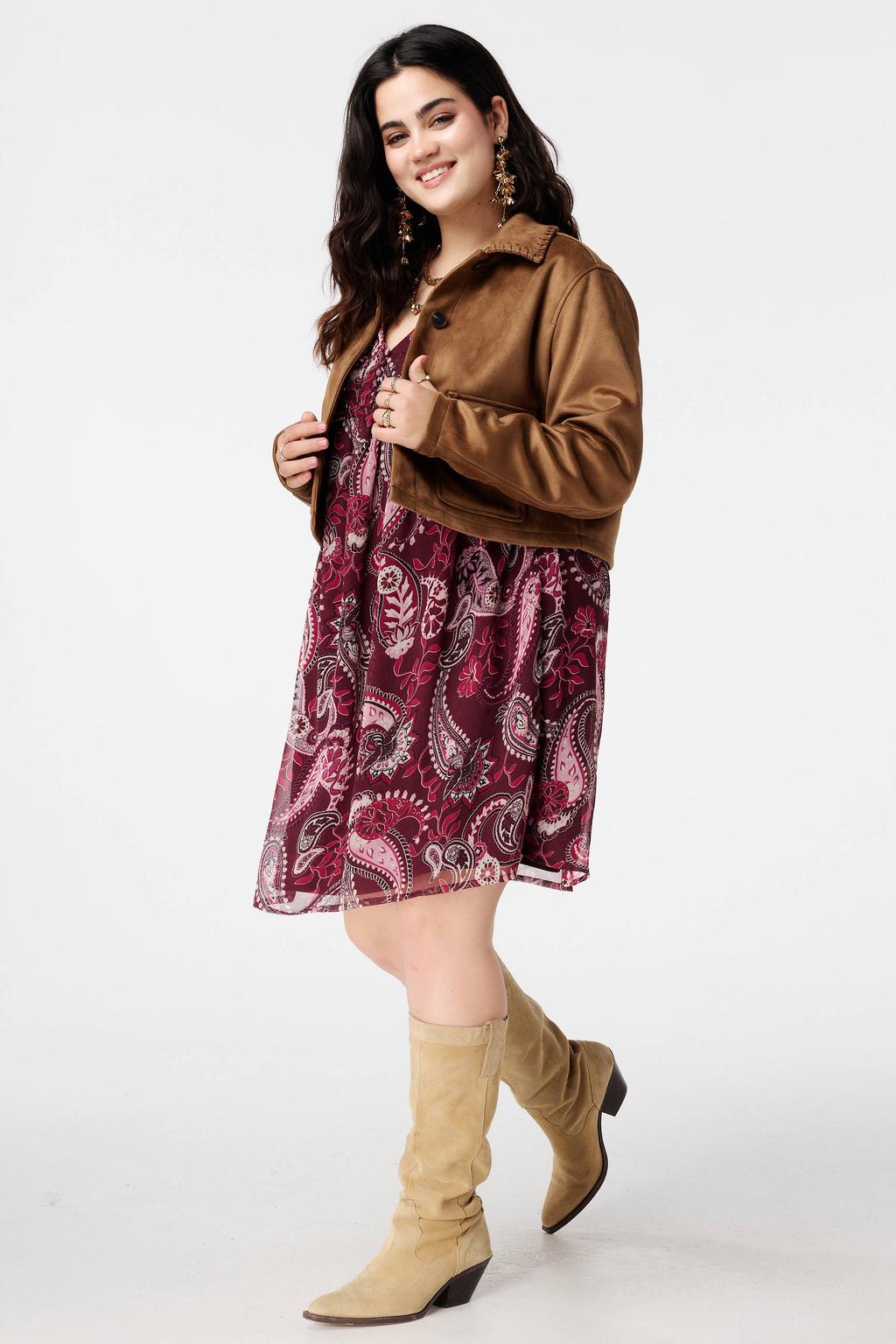 Cognackleurige dames MS Mode imitatie suede jasje met effen, lange mouwen en klassieke kraag