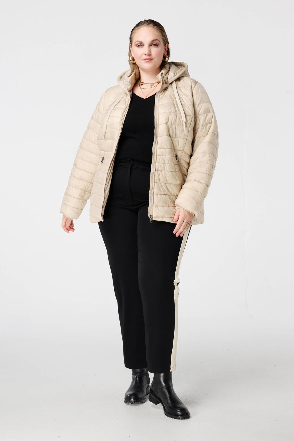 Ecru dames MS Mode gewatteerde jas van polyester met effen en lange mouwen