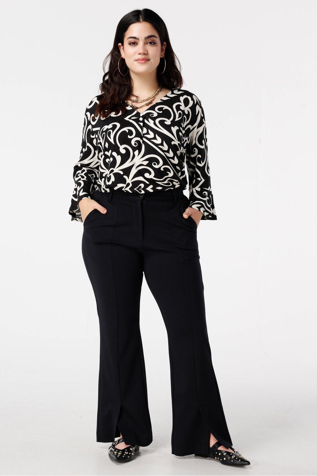 Zwarte dames MS Mode regular waist flared broek van viscose met knoopsluiting en effen