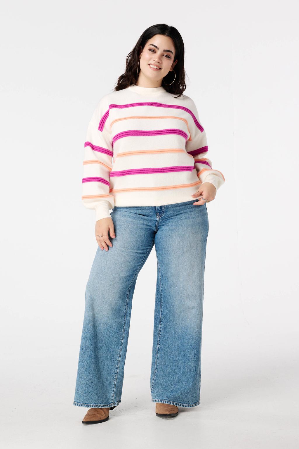Ecru dames MS Mode gestreepte pullover van acryl met lange mouwen en klassieke kraag