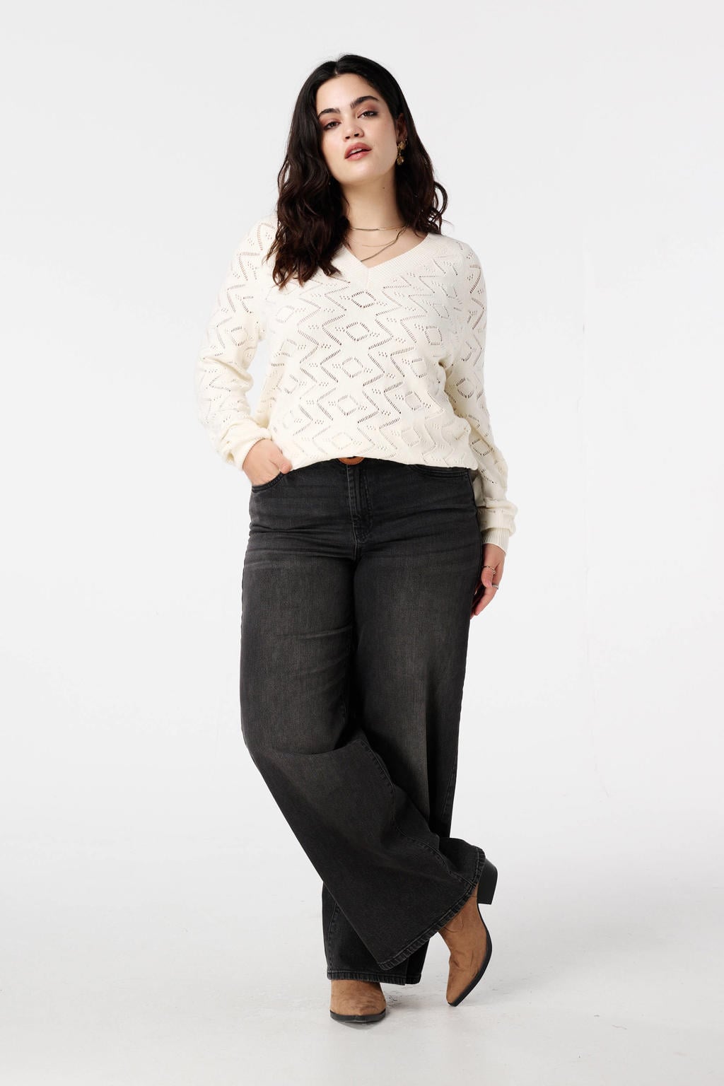 Ecru dames MS Mode pullover broderie van viscose met effen, lange mouwen en klassieke kraag