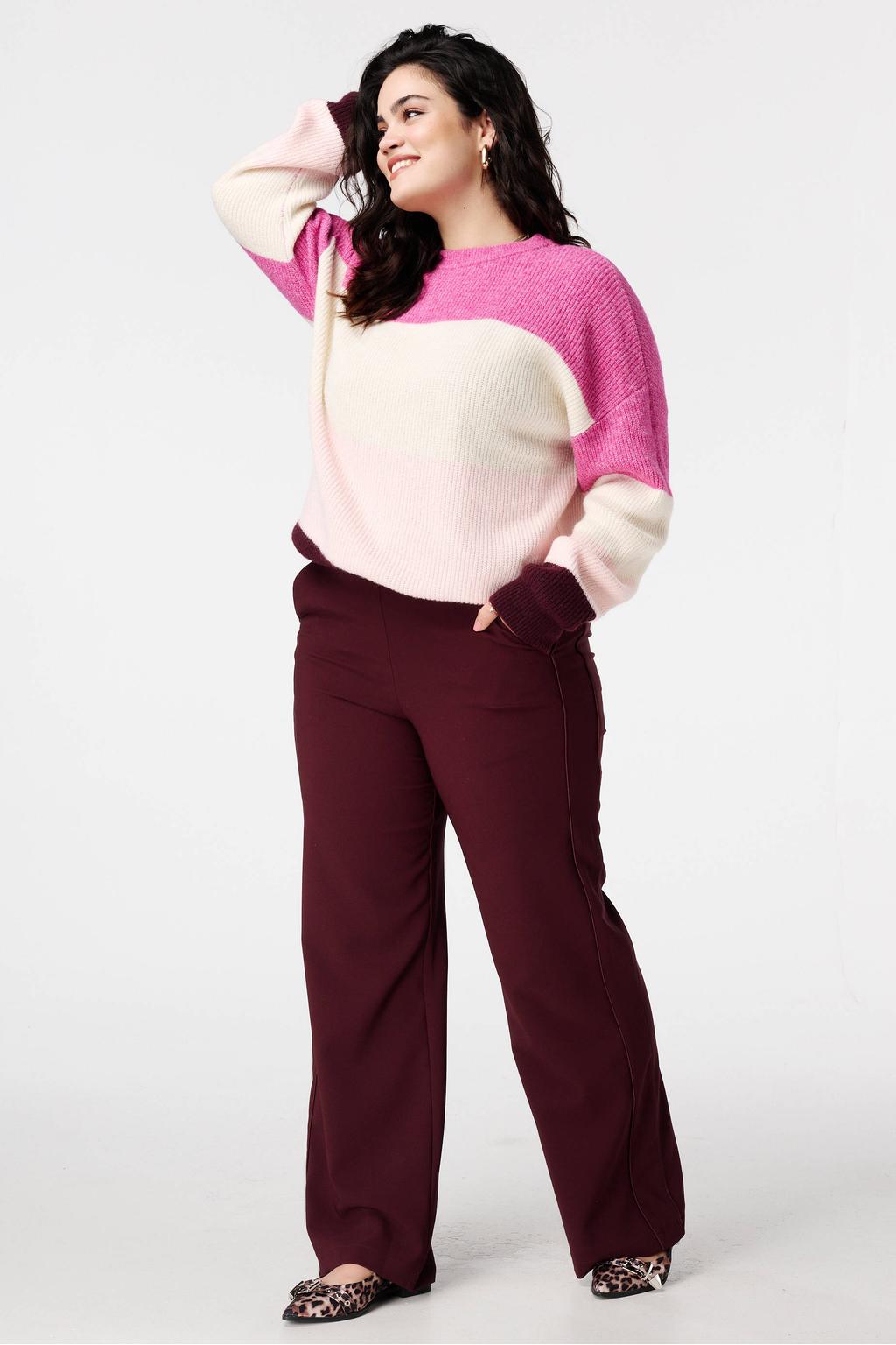 Roze dames MS Mode gestreepte gebreide trui van polyester met lange mouwen en klassieke kraag