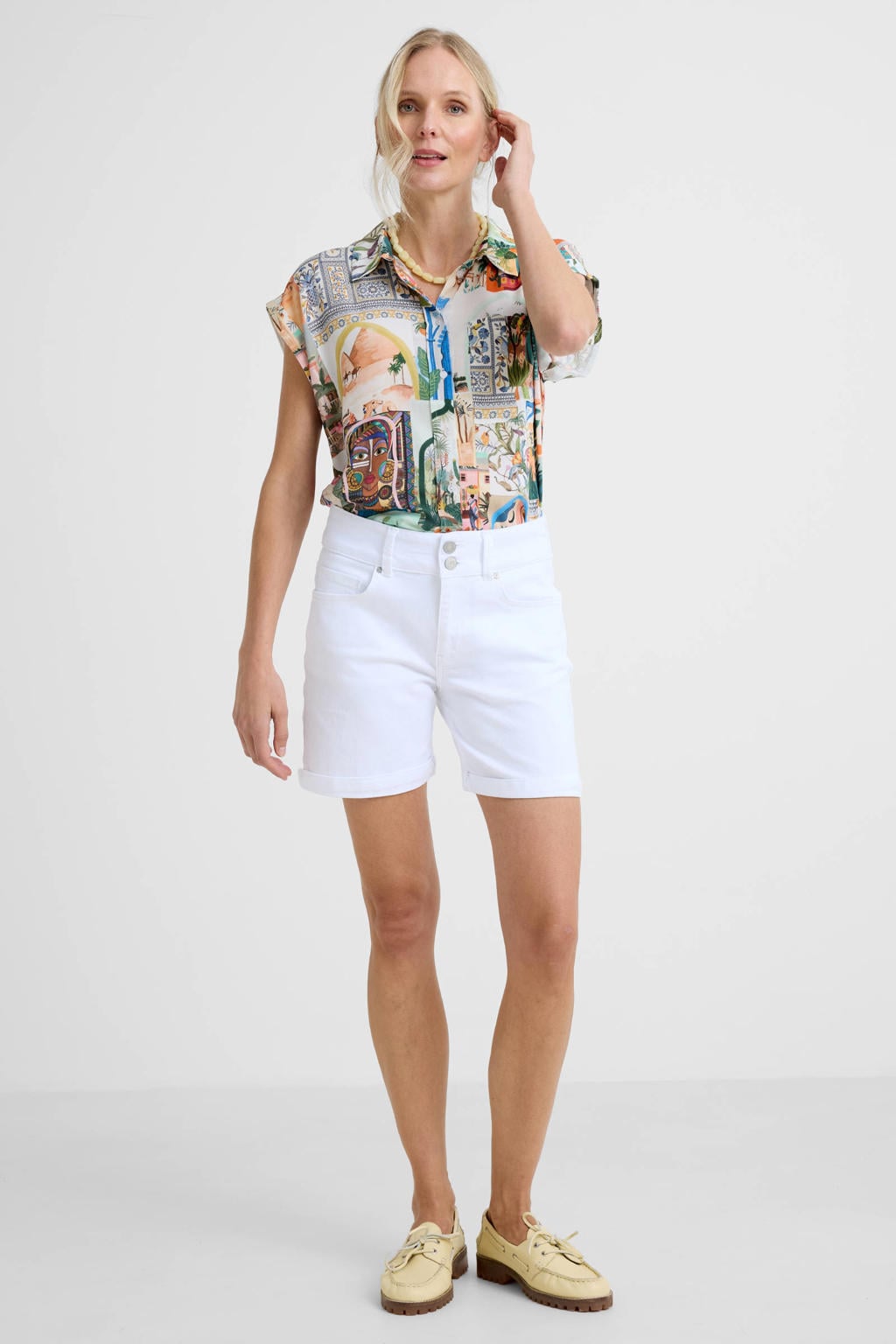 Witte dames LTB regular waist short van denim met rits- en knoopsluiting en effen