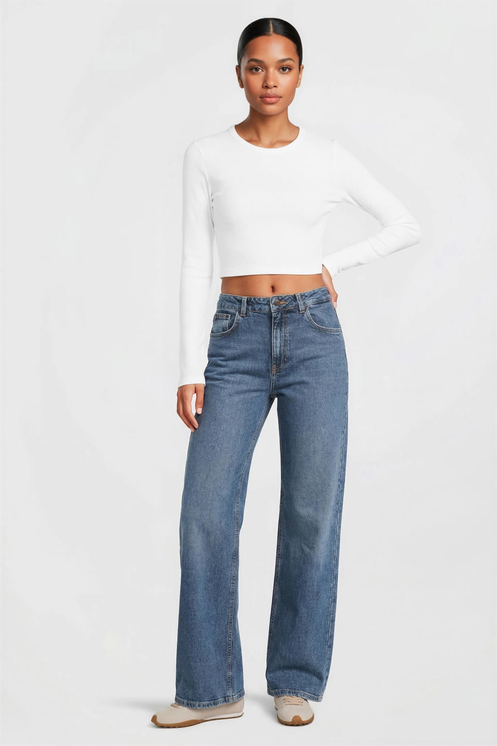Dark blue denim dames LTB high waist wide leg jeans van denim met rits- en knoopsluiting en effen