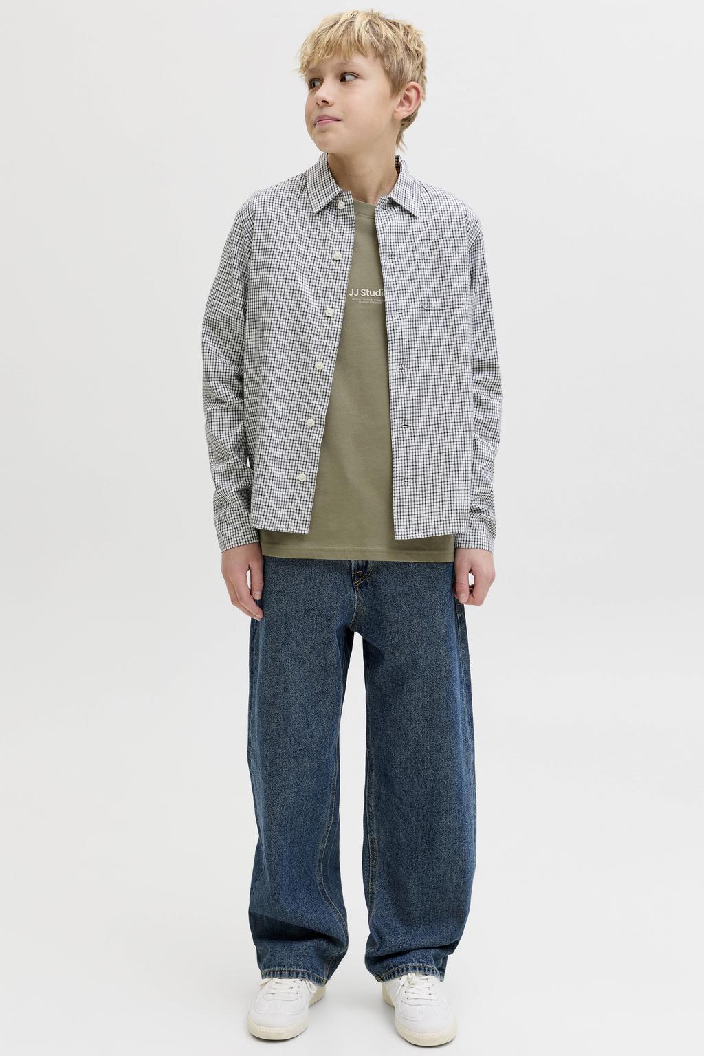 Groene jongens JACK & JONES JUNIOR T-shirt bruin van katoen met tekst print, korte mouwen en ronde hals