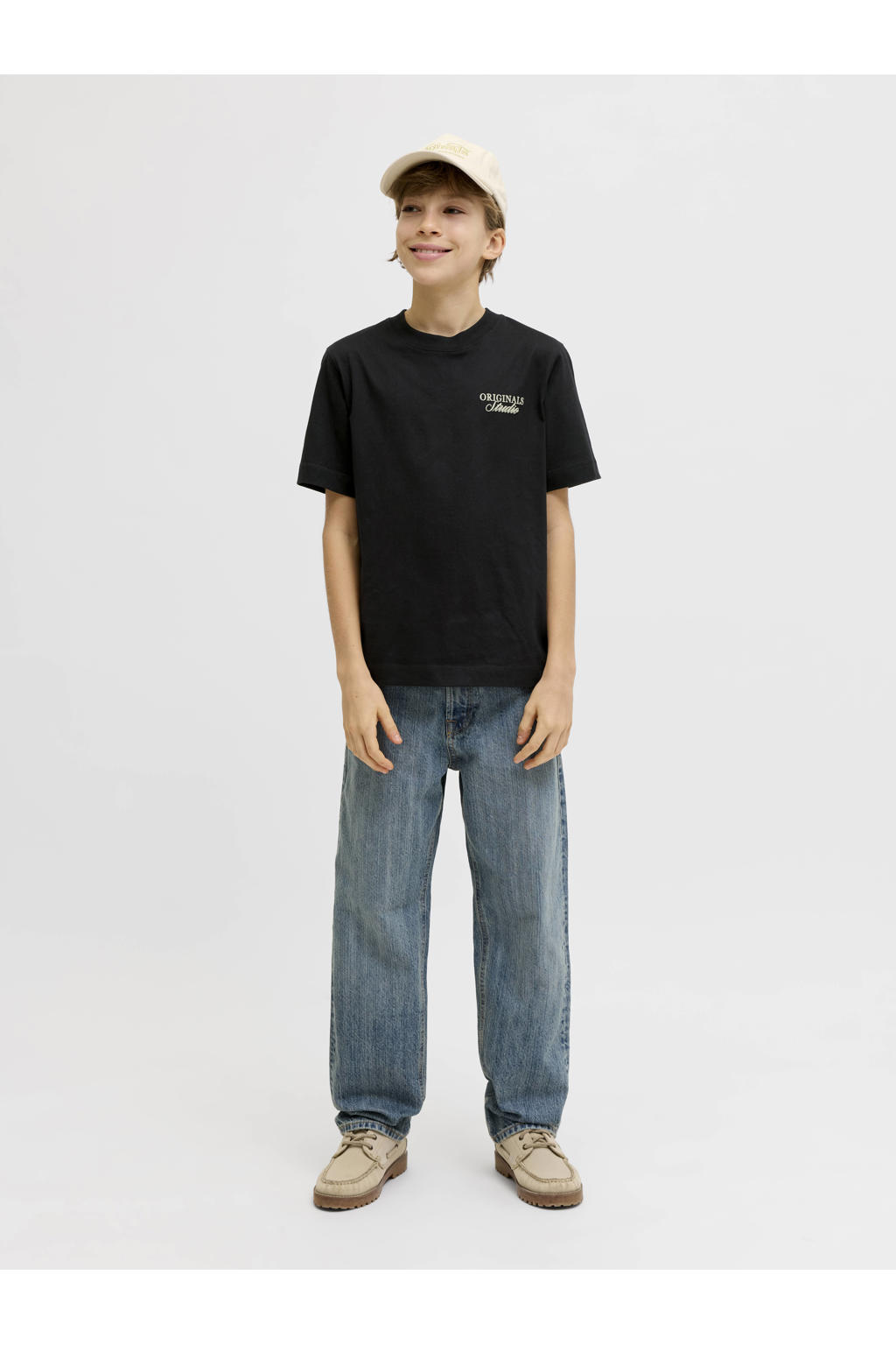Zwarte jongens JACK & JONES JUNIOR T-shirt van katoen met backprint, korte mouwen en ronde hals