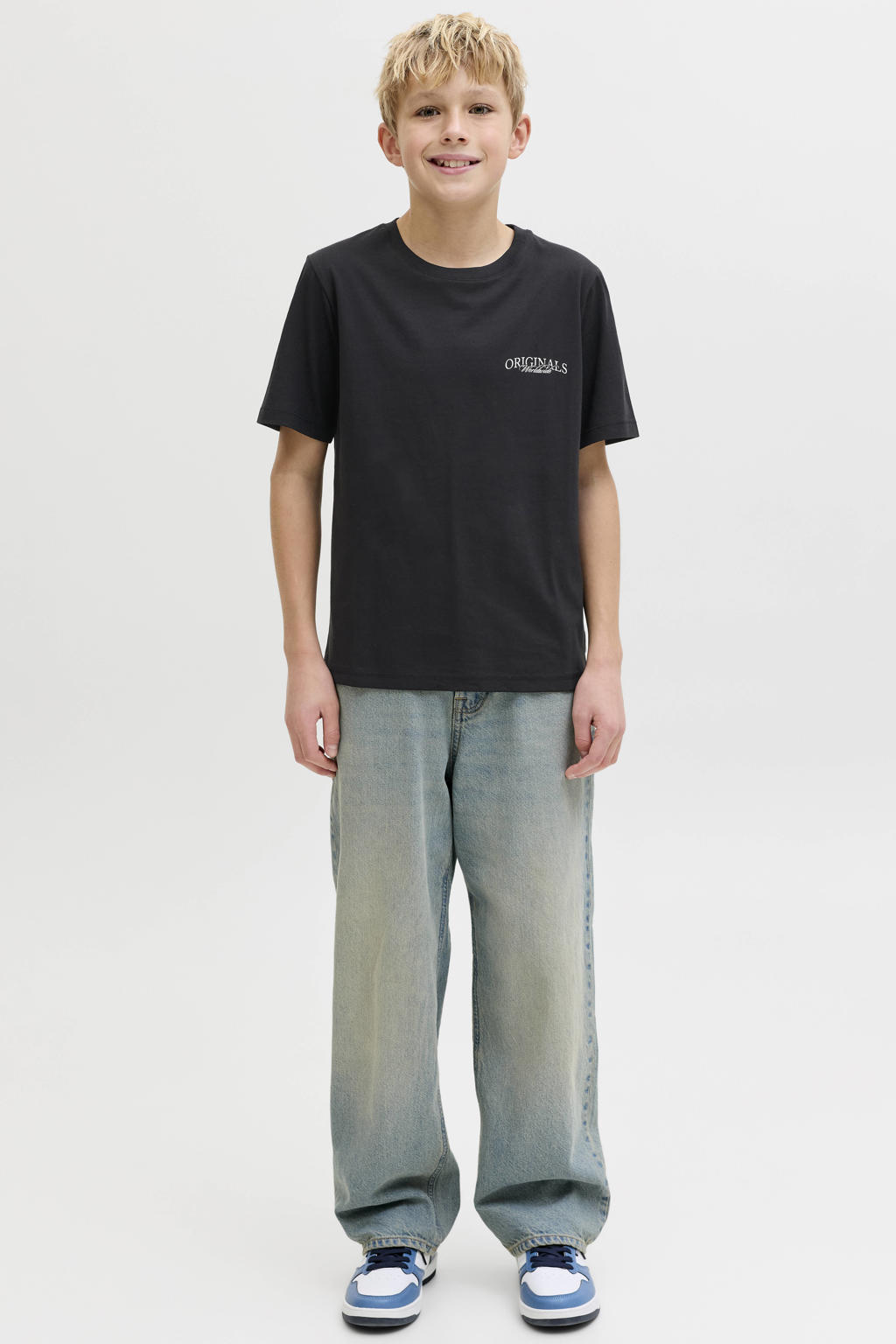 Zwarte jongens JACK & JONES JUNIOR T-shirt van katoen met backprint, korte mouwen en ronde hals