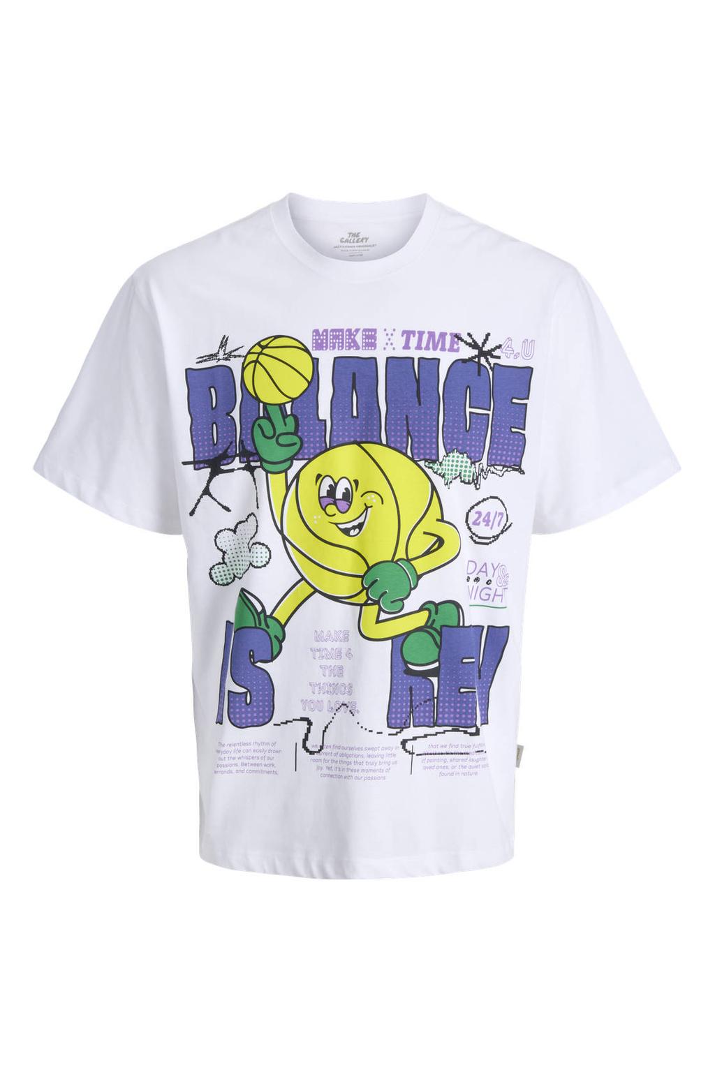 Witte jongens JACK & JONES JUNIOR T-shirt van katoen met printopdruk, korte mouwen en ronde hals