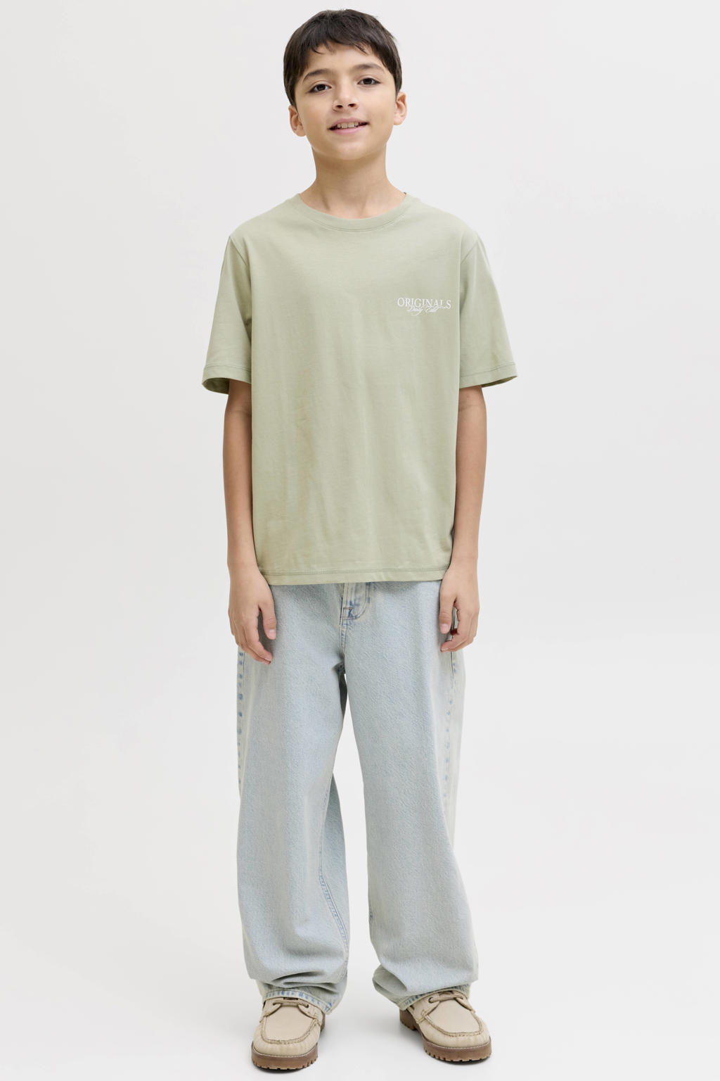 Lichtgroene jongens JACK & JONES JUNIOR T-shirt van katoen met backprint, korte mouwen en ronde hals