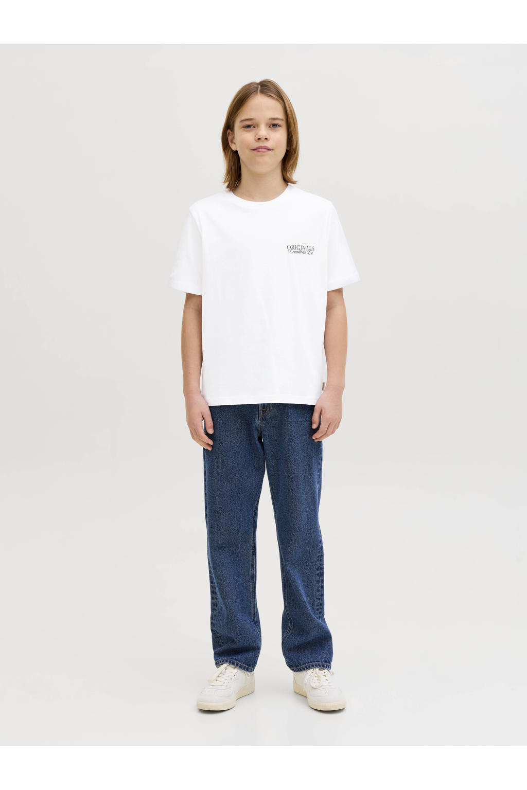Witte jongens JACK & JONES JUNIOR T-shirt van katoen met backprint, korte mouwen en ronde hals