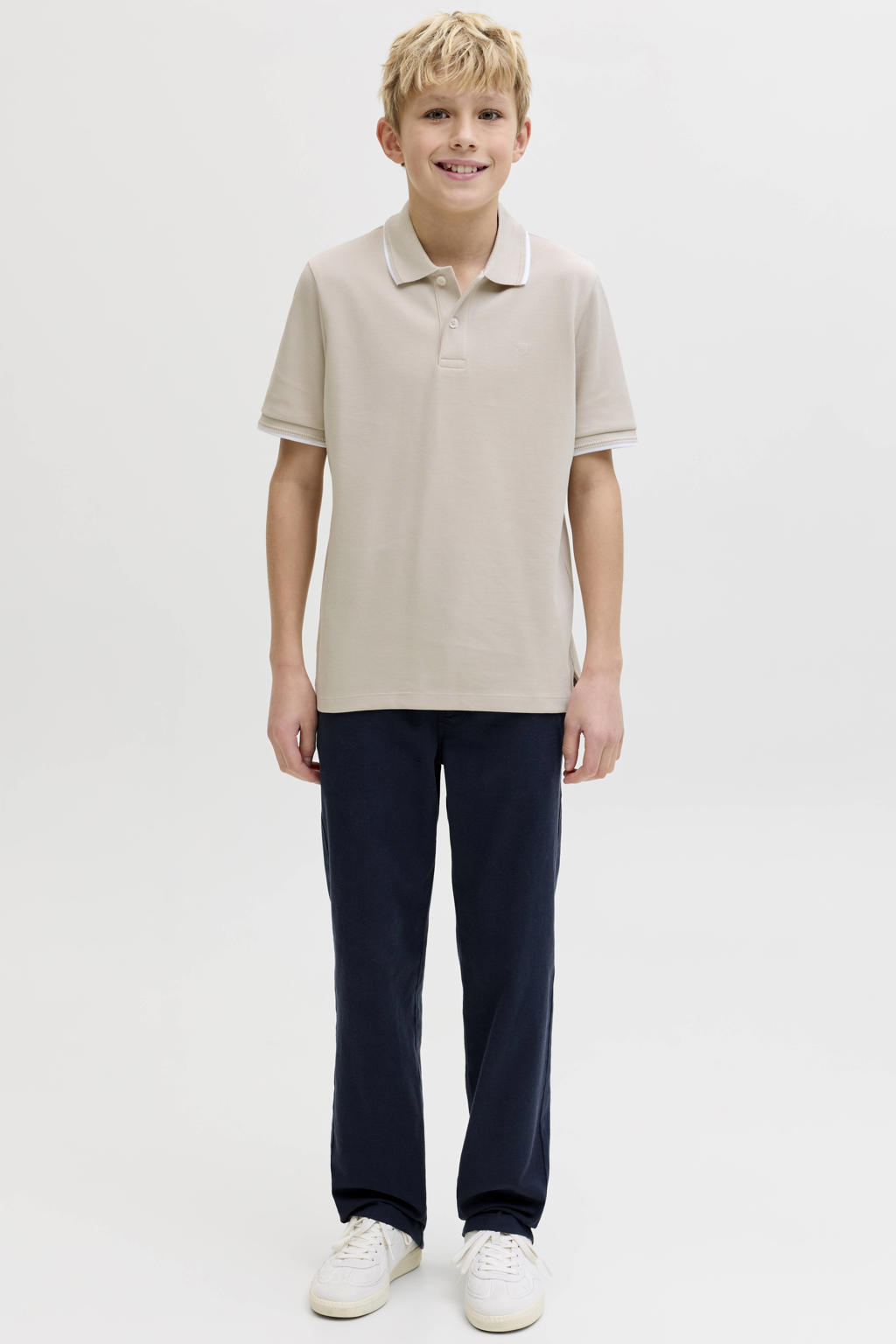 Beige en witte jongens JACK & JONES JUNIOR polo met meerkleurige print, korte mouwen en knoopsluiting