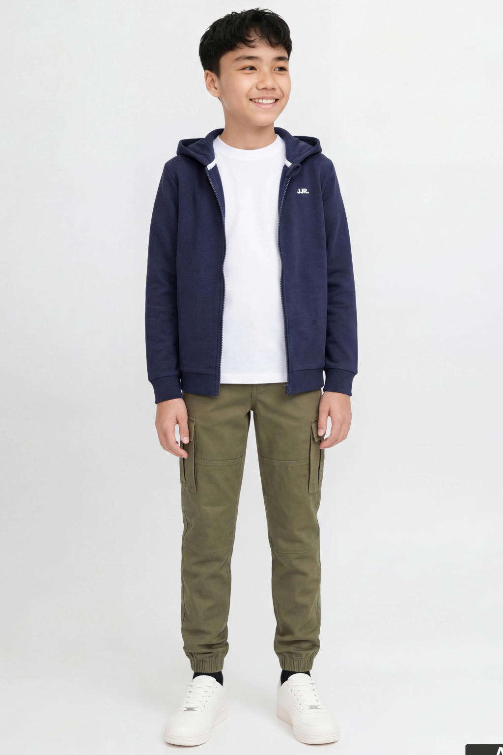 Groene jongens JJ REBEL JUNIOR regular casual broek van stretchkatoen met rits- en knoopsluiting en effen