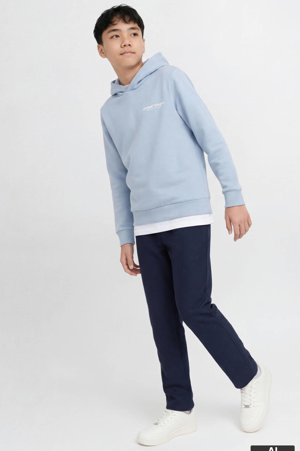 Lichtblauwe jongens JJ REBEL JUNIOR hoodie van sweat materiaal met tekst print, lange mouwen en capuchon