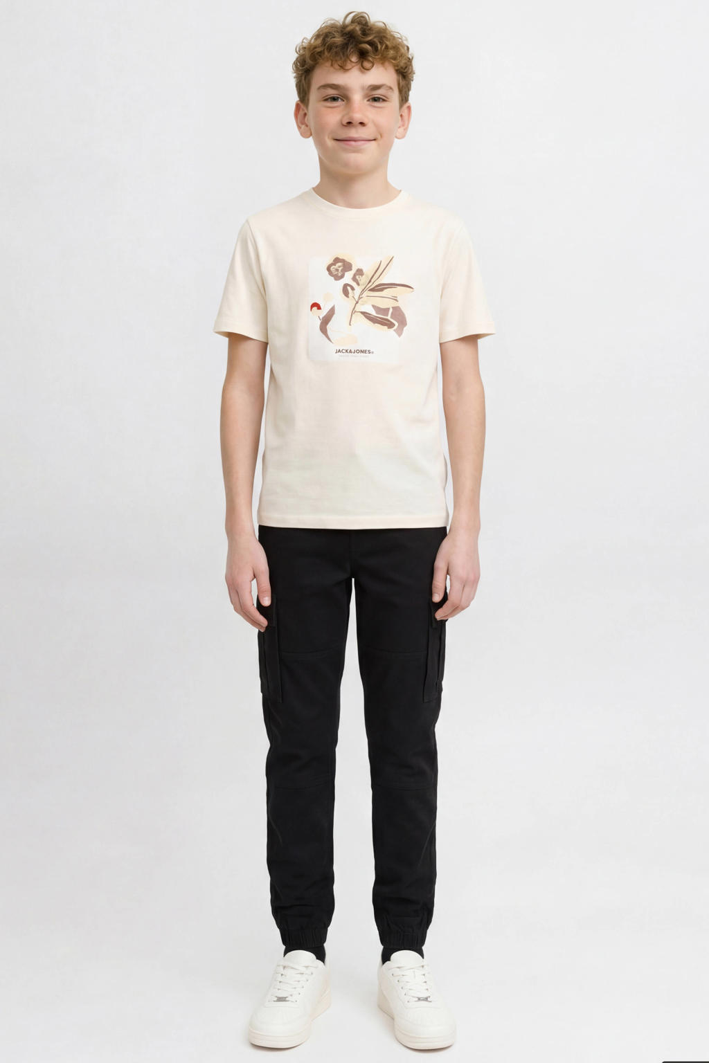 Zwarte jongens JJ REBEL JUNIOR regular casual broek van stretchkatoen met rits- en knoopsluiting en effen