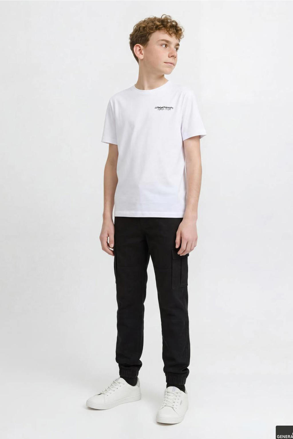 Witte jongens JJ REBEL JUNIOR T-shirt van katoen met tekst print, korte mouwen en ronde hals