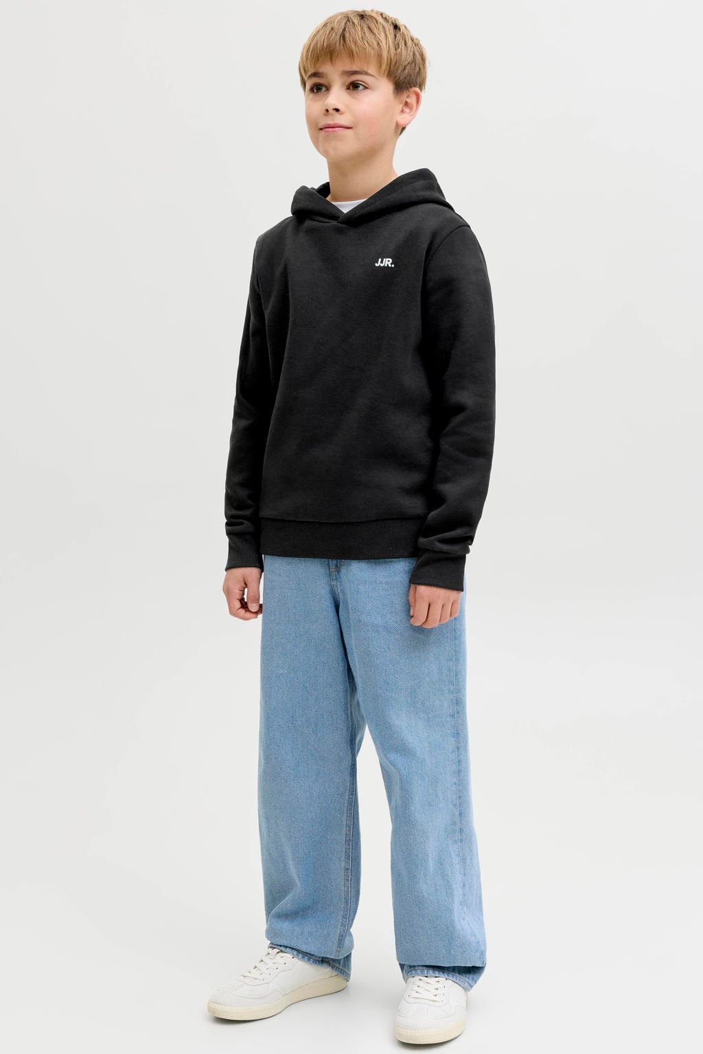 Zwarte jongens JJ REBEL JUNIOR hoodie van sweat materiaal met effen, lange mouwen en capuchon