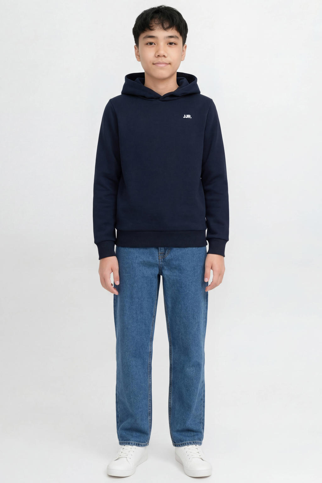 Donkerblauwe jongens JJ REBEL JUNIOR hoodie van sweat materiaal met effen, lange mouwen en capuchon