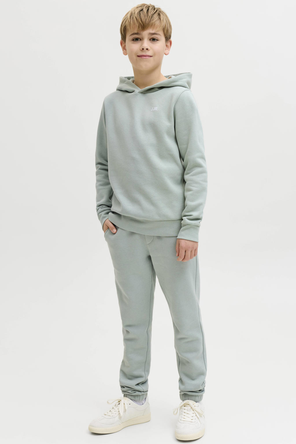 Grijsgroene jongens JJ REBEL JUNIOR hoodie groen van sweat materiaal met effen, lange mouwen en capuchon