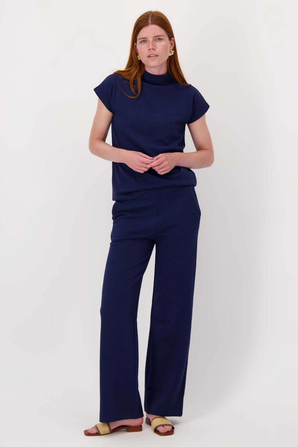 Marineblauw dames Zusss wide leg high waist casual broek blauw van katoen met effen