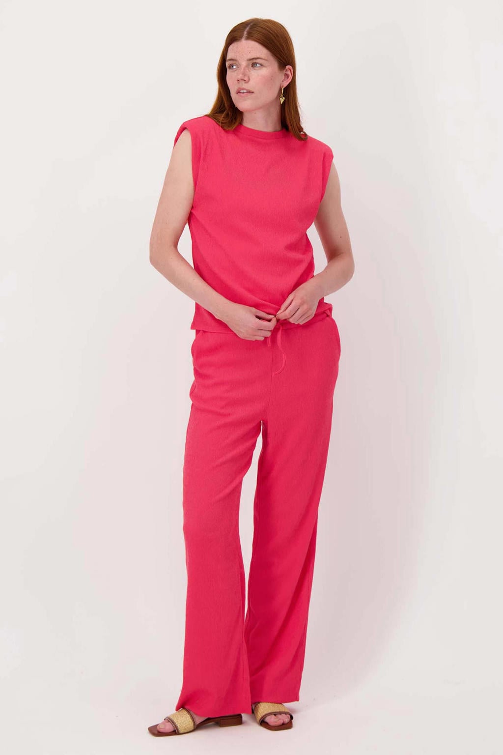 Magentakleurige dames Zusss top van polyamide met effen, korte mouwen en ronde hals