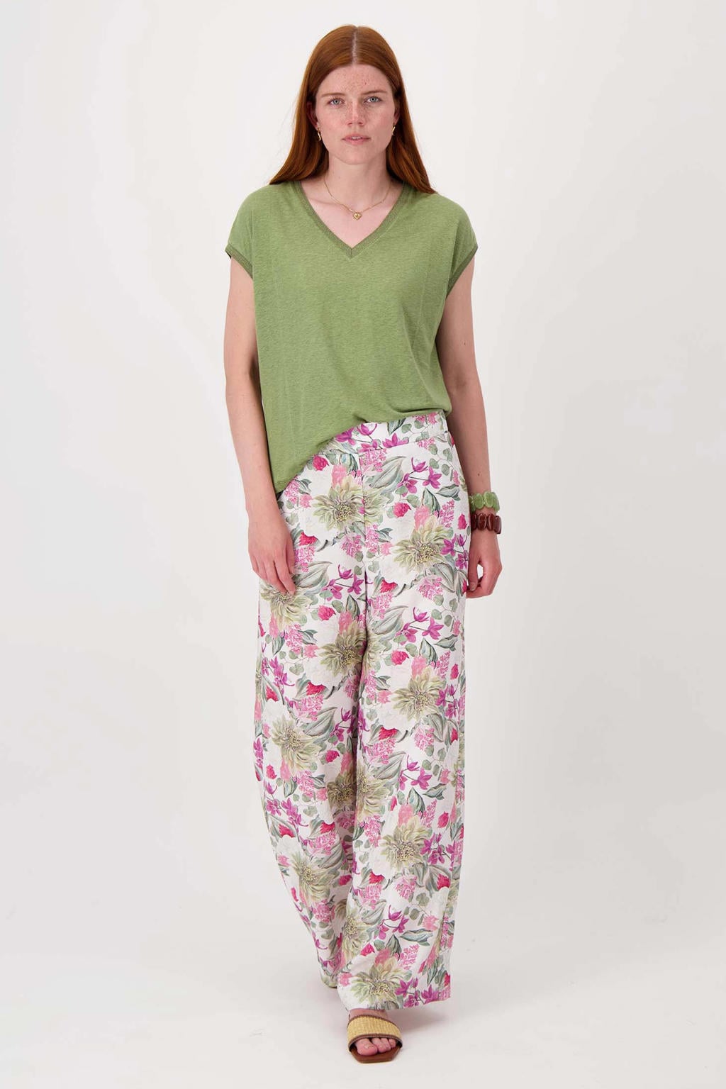 Olijfgroene dames Zusss top van viscose met effen, korte mouwen, V-hals en lurex