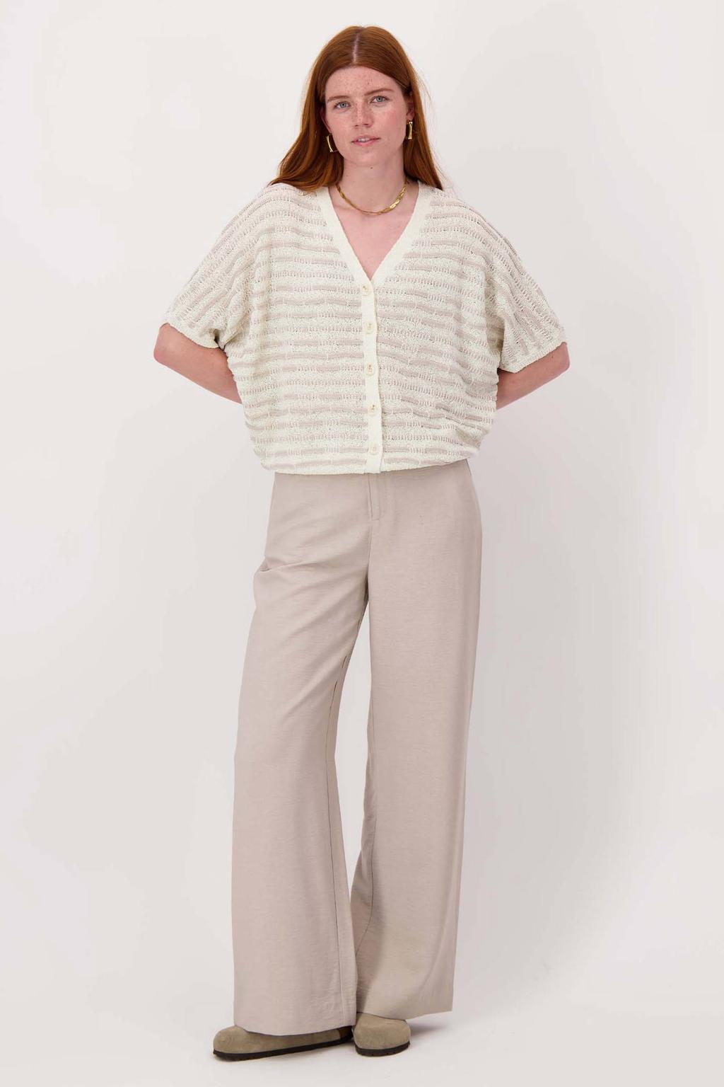 Beige dames Zusss gestreepte gebreid vest met half lange mouwen, V-hals en knoopsluiting