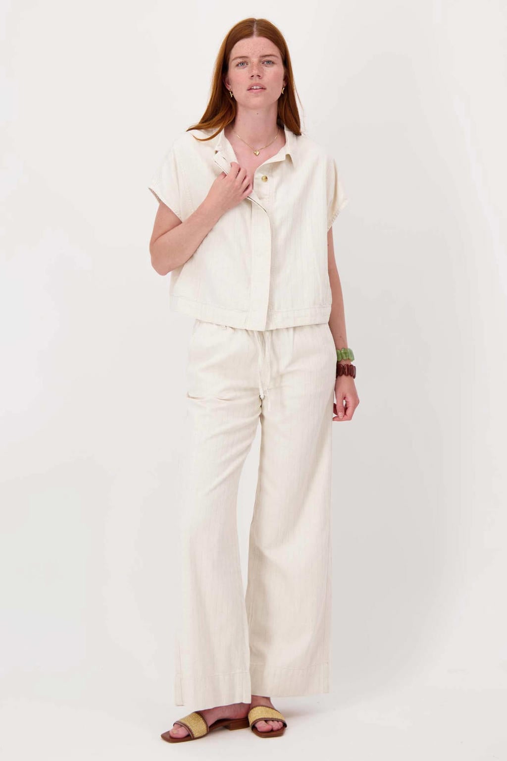 Ecru dames Zusss casual broek straight fit van katoen met regular waist, elastische tailleband met koord en effen