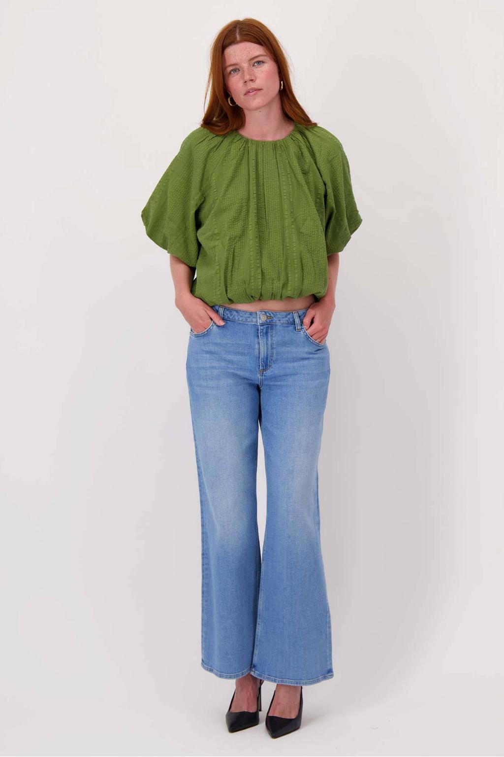 Olijfgroene dames Zusss top met effen, driekwart mouwen, ronde hals en textuur