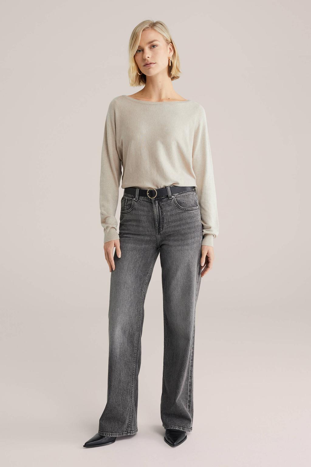 Beige dames WE Fashion gebreide trui van viscose met effen, lange mouwen en boothals