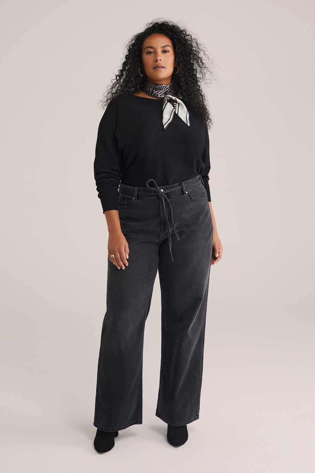 Zwarte dames WE Fashion Curve pullover van viscose met effen, lange mouwen, boothals en geribde boorden
