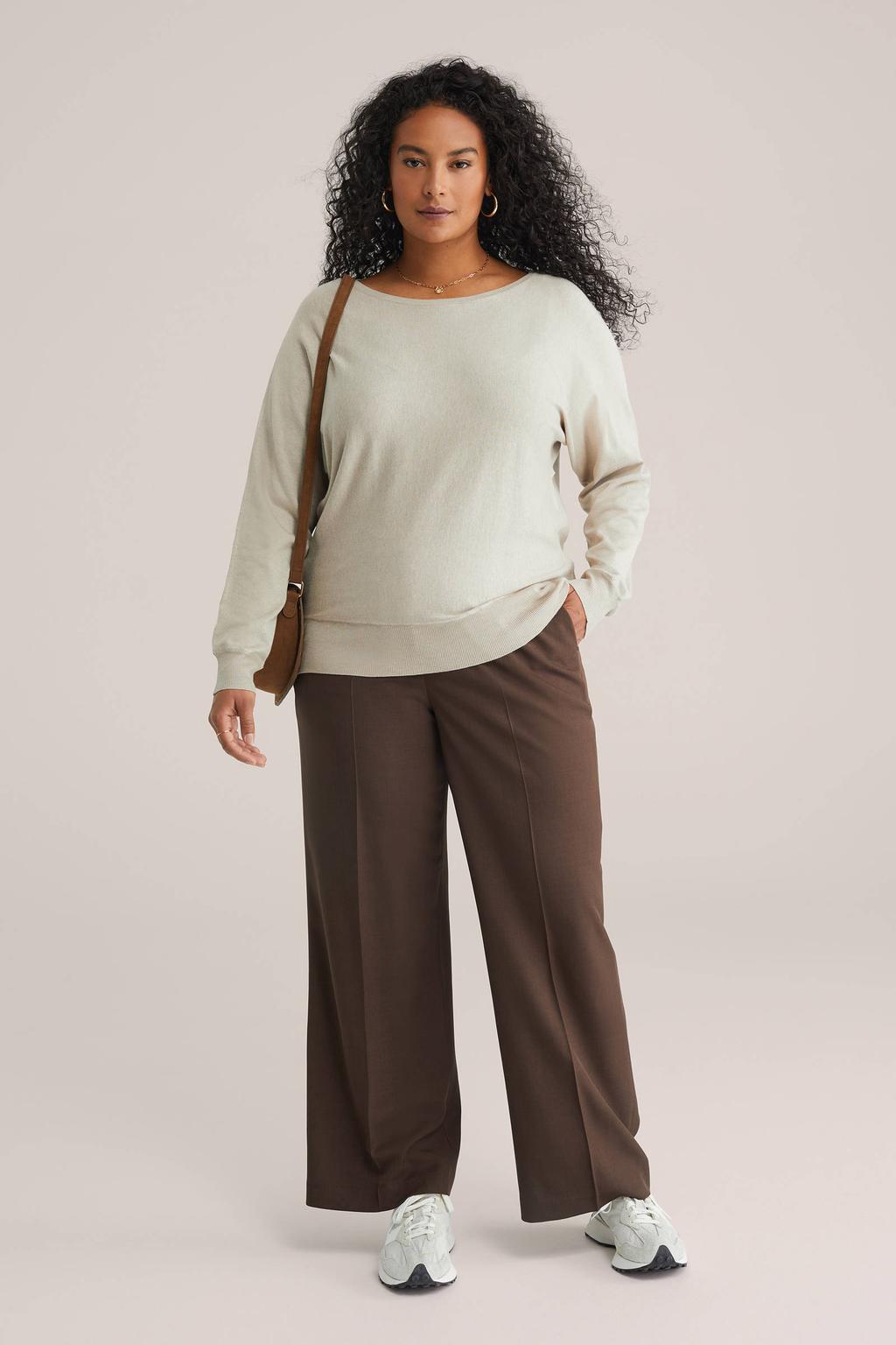 Beige dames WE Fashion Curve pullover van viscose met effen, lange mouwen, boothals en geribde boorden