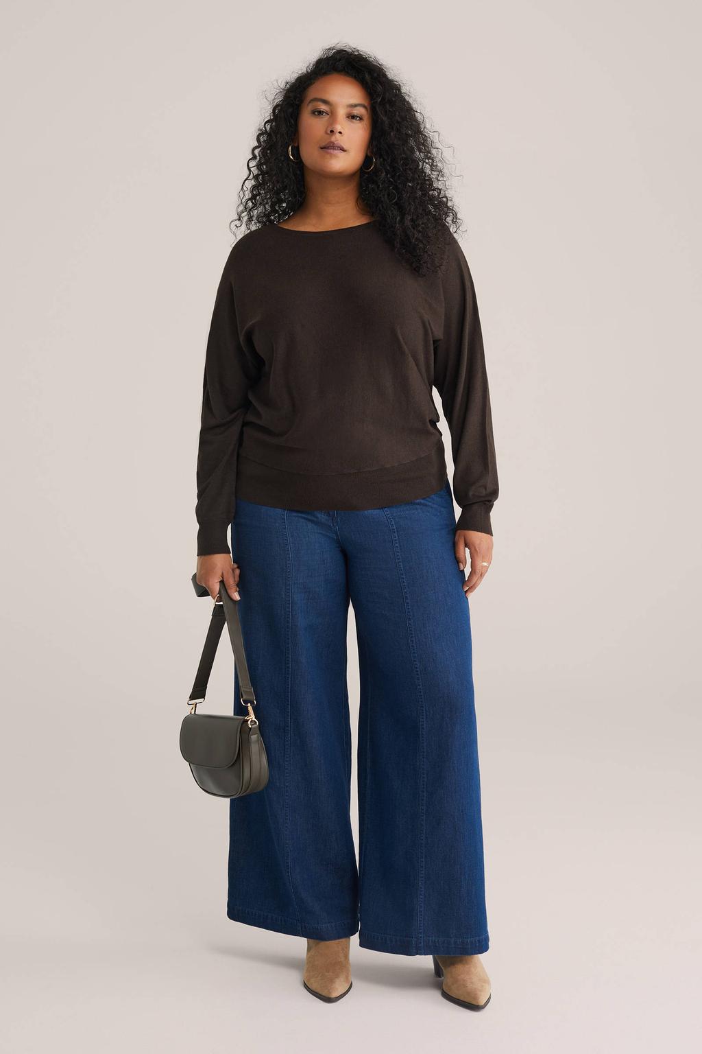 Donkerblauwe dames WE Fashion Curve pullover van viscose met effen, lange mouwen, boothals en geribde boorden