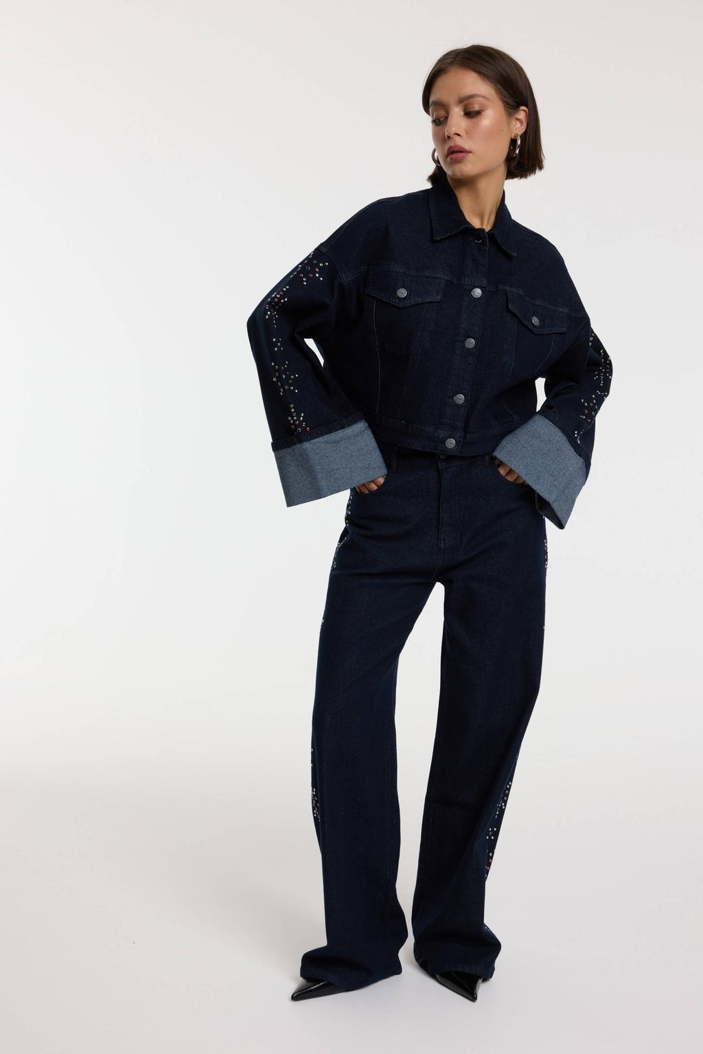 Dark blue denim dames Refined Department spijkerjas dark blue van denim met effen, lange mouwen, klassieke kraag, knoopsluiting en glitters