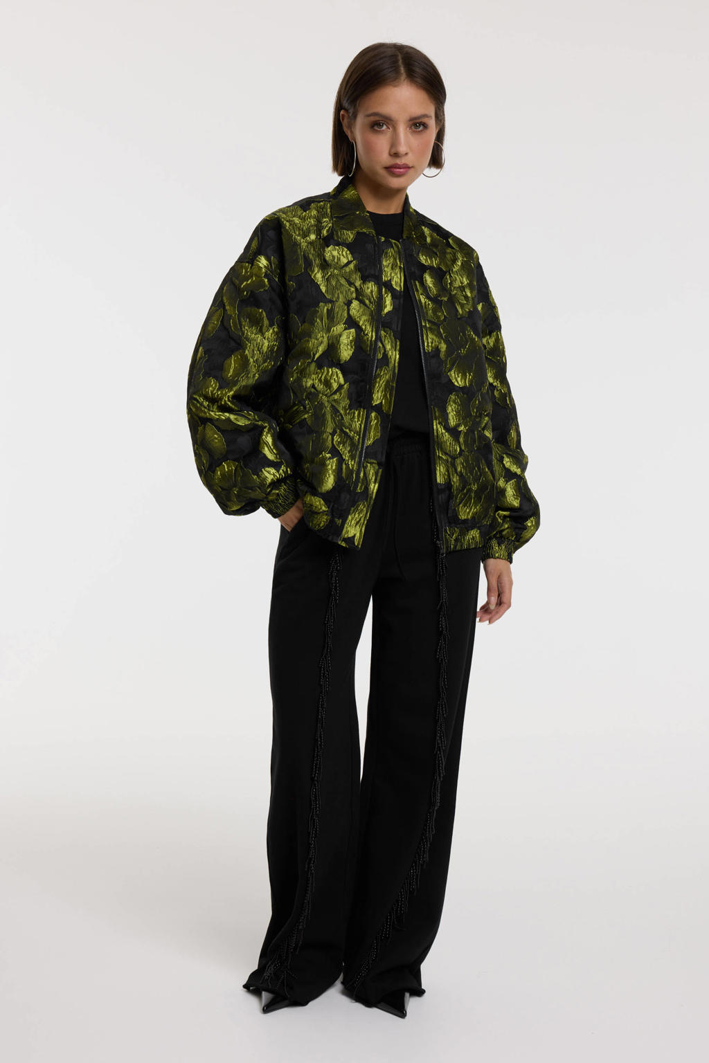 Groen en zwarte dames Refined Department bomberjack van polyester met bloemenprint, lange mouwen, klassieke kraag, ritssluiting en jacquard