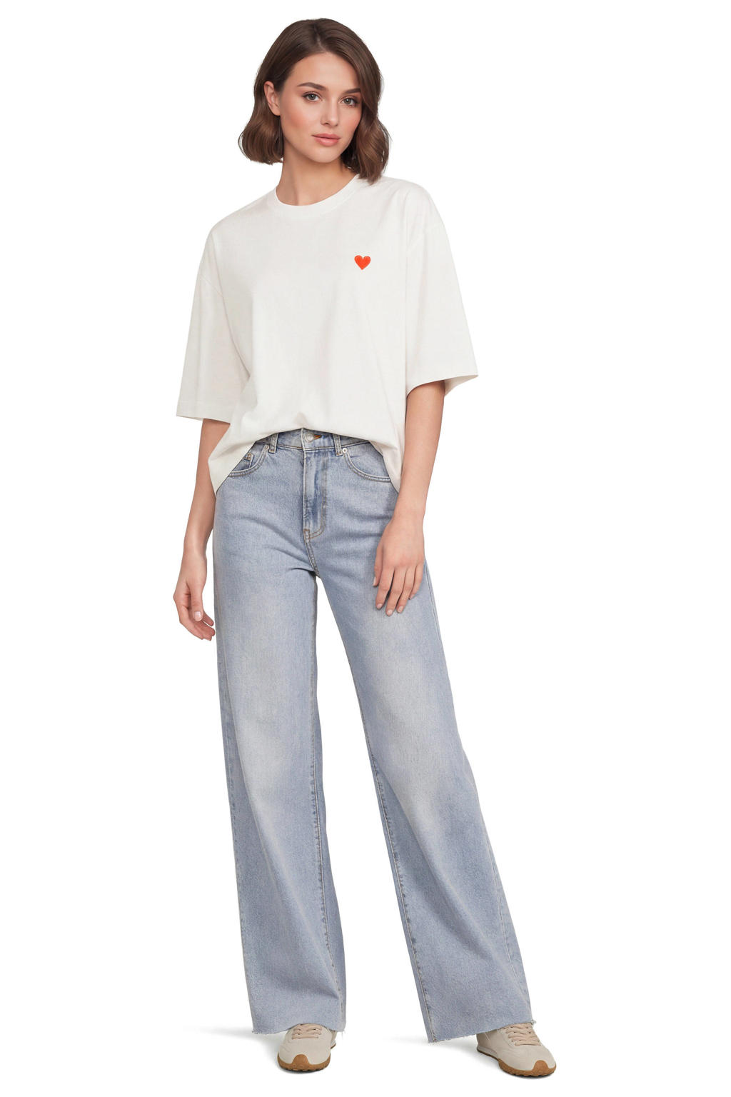 Ecru en oranje dames Catwalk Junkie T-shirt van katoen met backprint, korte mouwen, ronde hals en borduursels