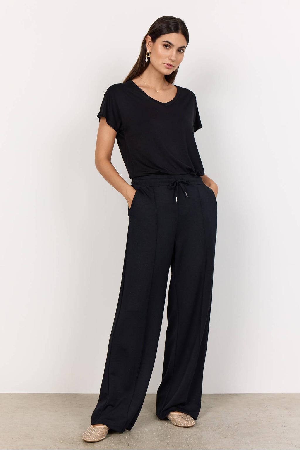 Zwarte dames Soyaconcept Wide leg high waist casual broek van modal met elastische tailleband met koord en effen
